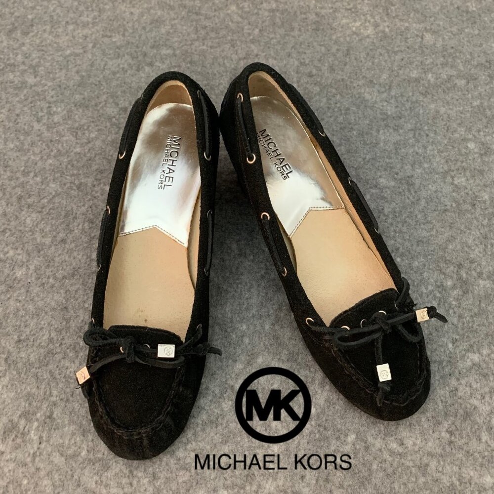 MICHAEL Michael Kors Women's Black Leather Wedge Suede Slip on Heel Bow Shoes